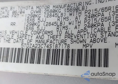 2004 Toyota Sienna Le из США, поврежденный, VIN 5TDZA23C74S187178